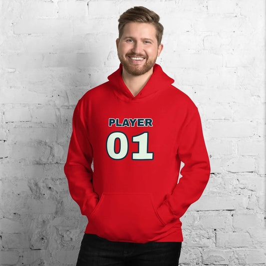 Roter unisex Hoodie mit Grafikdruck von BUYATHOME24, aus 100% Baumwolle, in Größe S bis 5XL, für Herren und Damen.