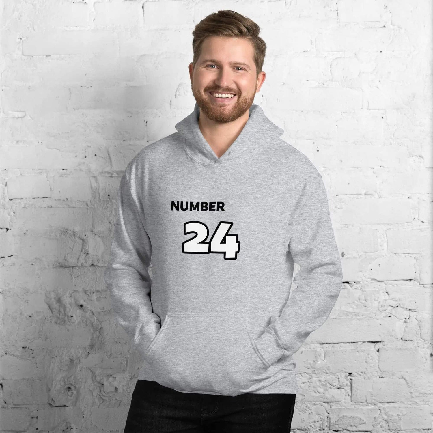 Grafik Hoodie Herren und Damen, Baumwolle, Sportgrau, mit Nummer 24 Druck, unisex Kapuzenpullover S-5XL, von BUYATHOME24