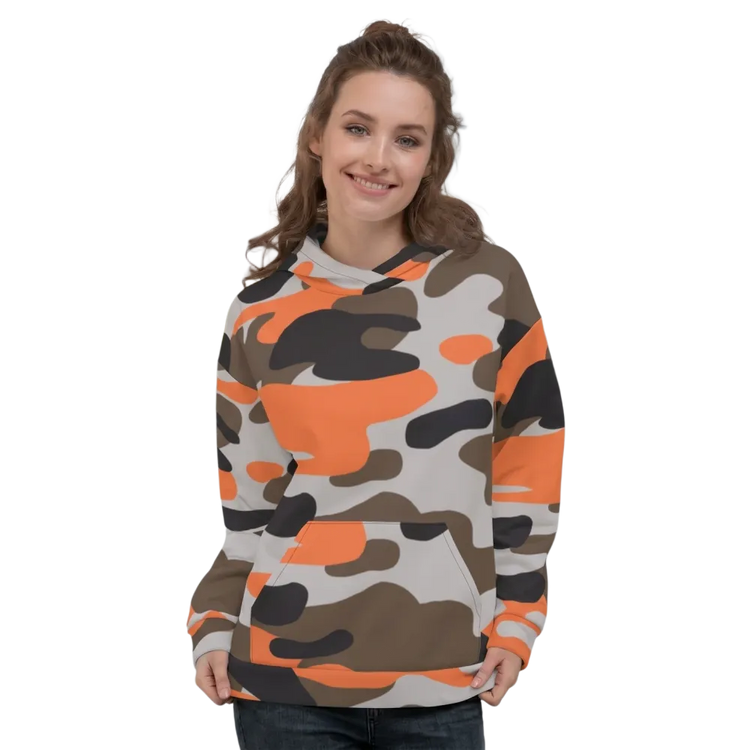 Camouflage Damen Hoodie mit Allover-Print, unisex Kapuzenpullover in XS bis 3XL, bequemer Allover-Design, modischer Alltagslook
