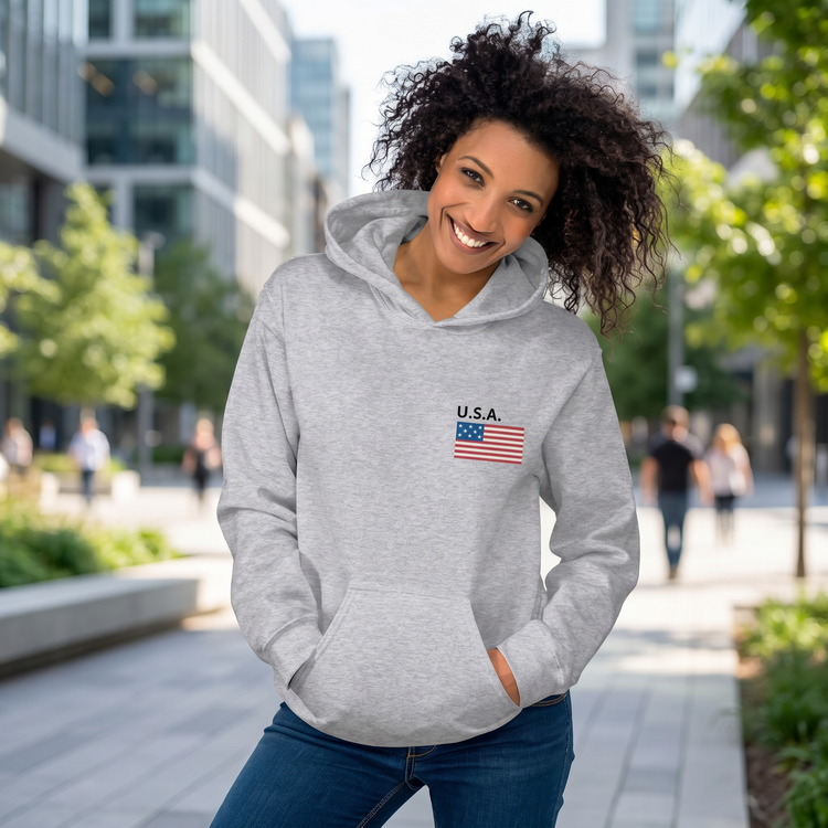 Unisex Hoodie mit USA-Flagge Grafik aus Baumwolle in S-5XL, bequemer Pullover mit amerikanischem Flaggenmuster