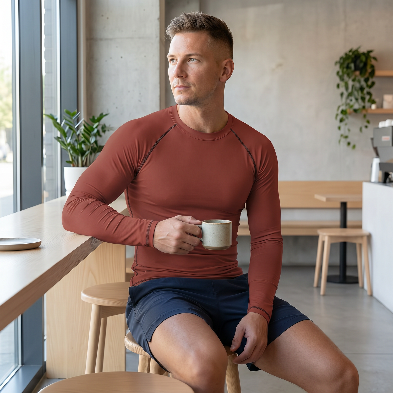 Dunkelrotes Herren-Langarm-Sportshirt mit Vier-Wege-Stretch, UV-Schutz, Unisex, ab XS bis 3XL, von BUYATHOME24