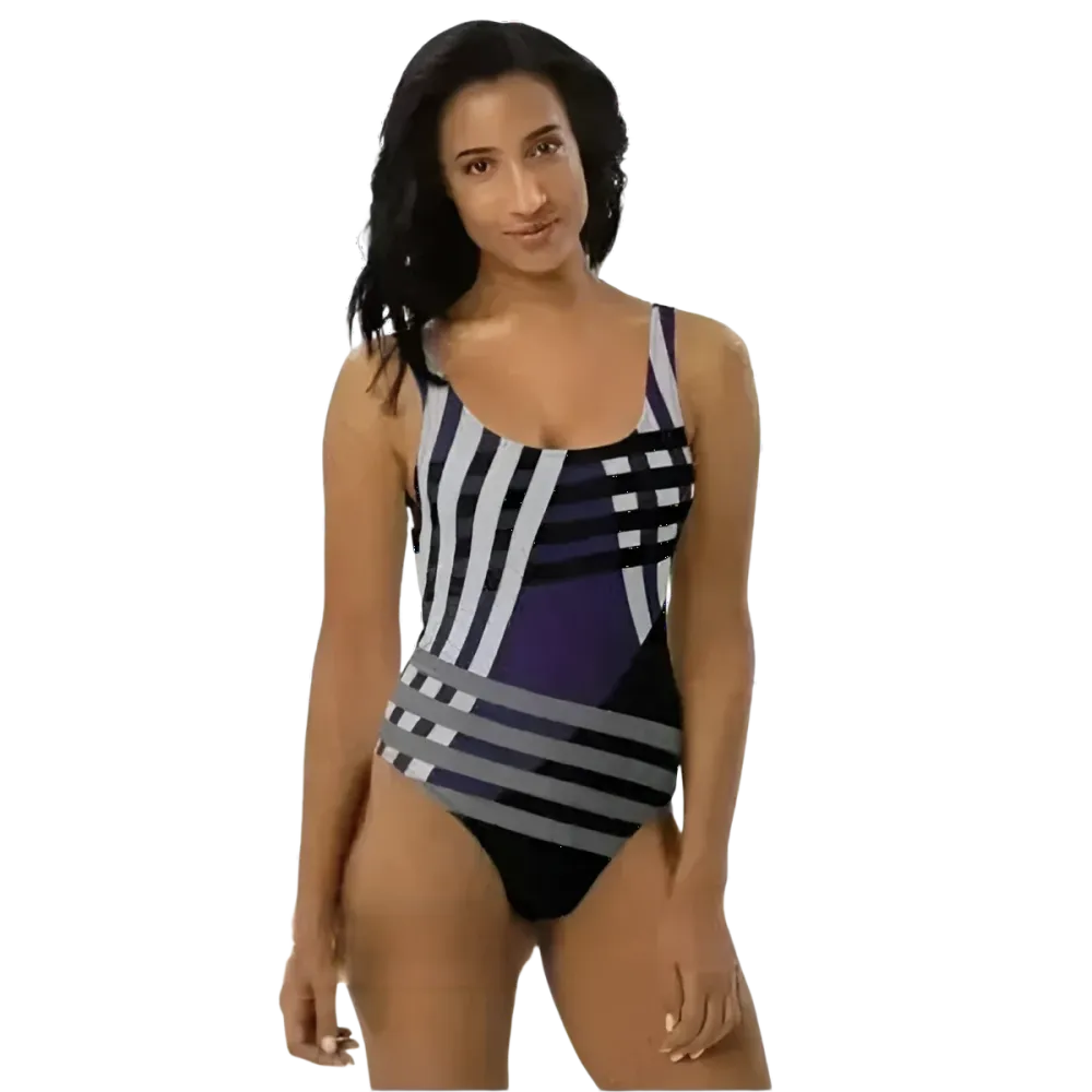 Chlorbeständiger Damen Badeanzug von BUYATHOME24 mit U-Ausschnitt, bedruckbar, in XS bis 3XL, schwimmt in Wasser.