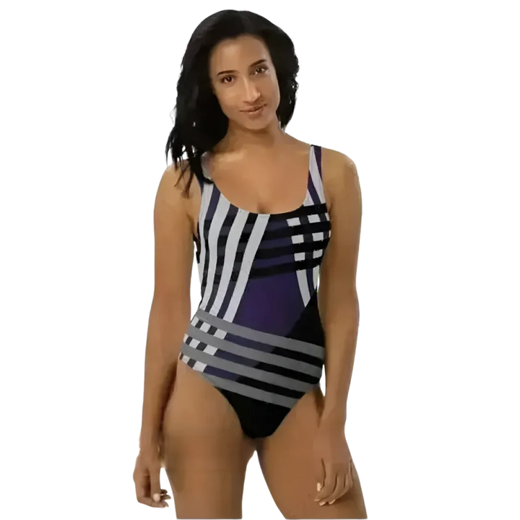 Chlorbeständiger Damen Badeanzug von BUYATHOME24 mit U-Ausschnitt, bedruckbar, in XS bis 3XL, schwimmt in Wasser.