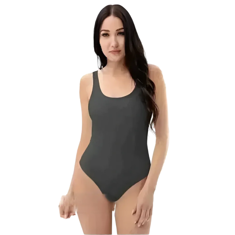 Damen Badeanzug in Grau mit U-Ausschnitt, chlorbeständig, von BUYATHOME24, in den Größen XS bis 3XL, schlichte Badebekleidung