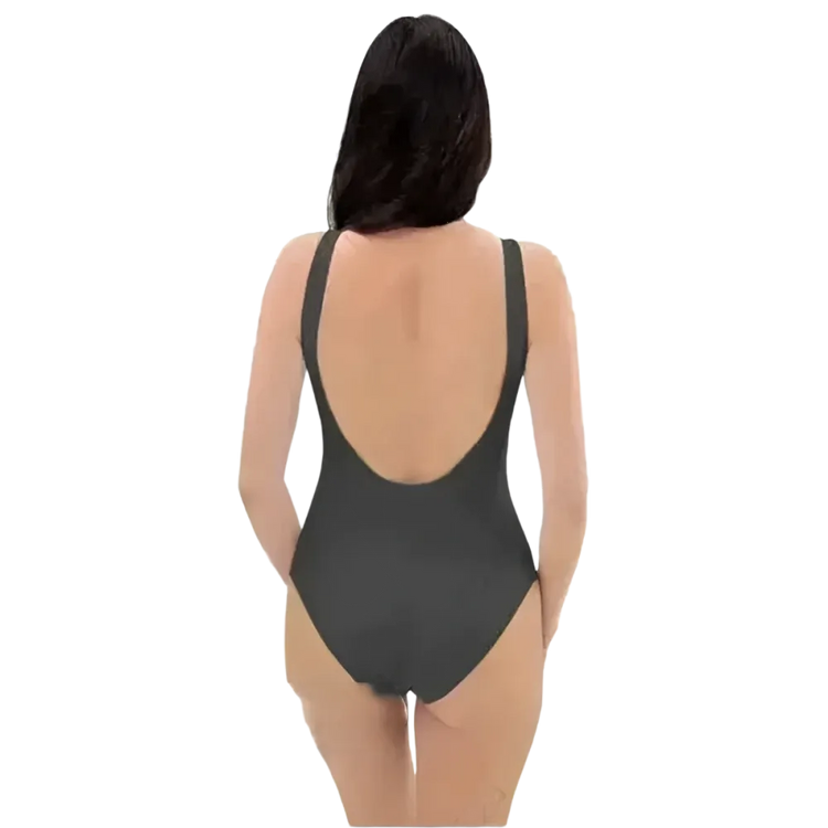 Damen Badeanzug in Grau von BUYATHOME24 mit U-Ausschnitt, chlorbeständig, in den Größen XS bis 3XL.