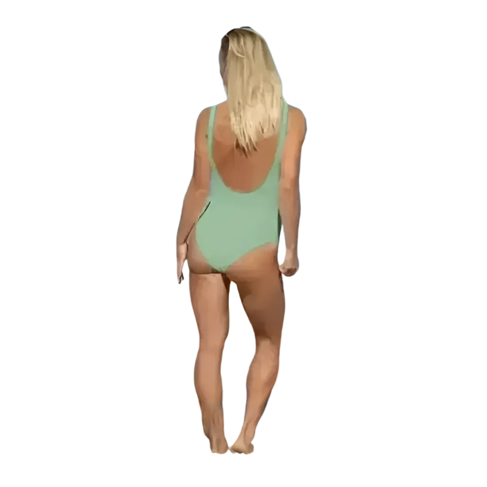 Damen Badeanzug mit U-Ausschnitt von BUYATHOME24, chlorbeständig, bedruckbar in XS bis 3XL, zeigt das bunte Muster und Passform