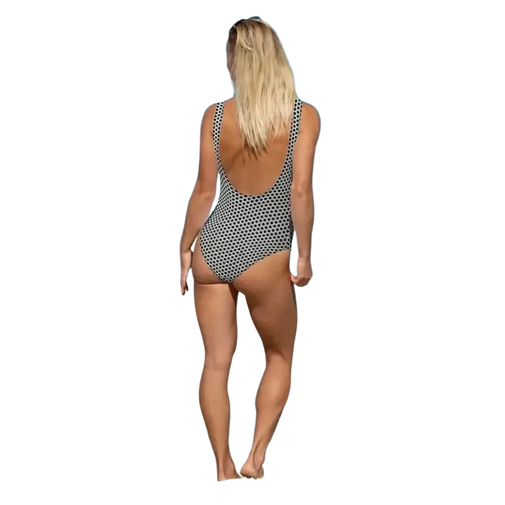 Damen Badeanzug von BUYATHOME24 mit U-Ausschnitt, chlorbeständig, in verschiedenen Größen XS bis 3XL, passendes Design.