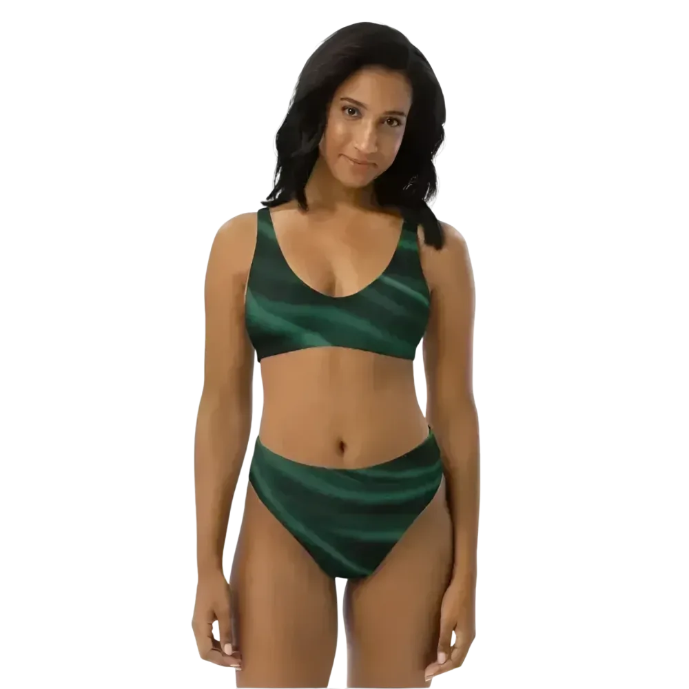 Grüner Damen Bikini Zweiteiler, schnelltrocknend, bedruckt, in verschiedenen Größen von XS bis 3XL, mit buntem Muster.