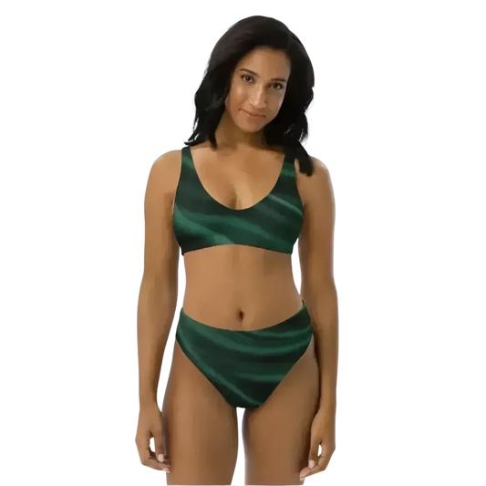 Grüner Damen Bikini Zweiteiler, schnelltrocknend, bedruckt, in verschiedenen Größen von XS bis 3XL, mit buntem Muster.