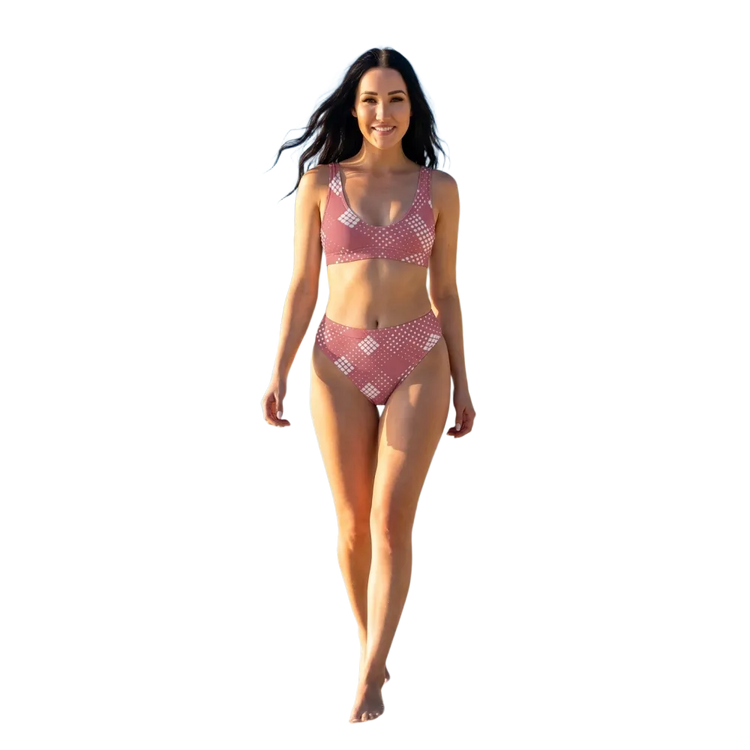 Damen Bikini-Set von BUYATHOME24, schnelltrocknend, bedruckbar, zweilagig, in XS bis 3XL, zeigt das bedruckte Bikini-Top und -Hose.