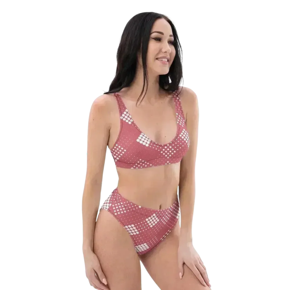 Damen Bikini-Set in XS-3XL, schnelltrocknend, zweilagig mit Druckmuster, von BUYATHOME24, liegt flach auf einem weißen Hintergrund