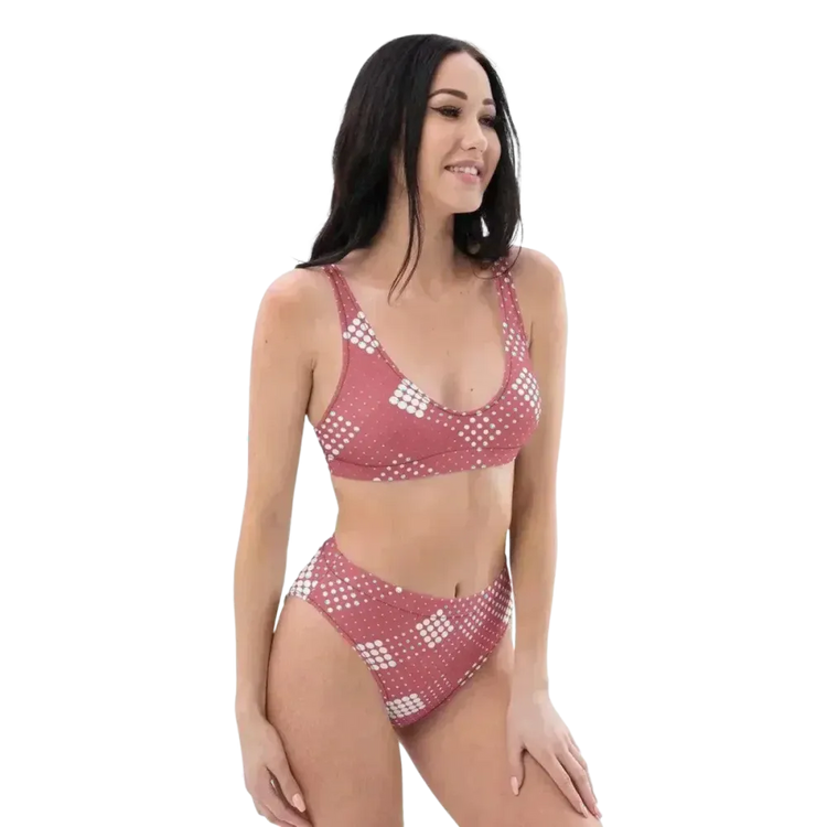 Damen Bikini-Set in XS-3XL, schnelltrocknend, zweilagig mit Druckmuster, von BUYATHOME24, liegt flach auf einem weißen Hintergrund