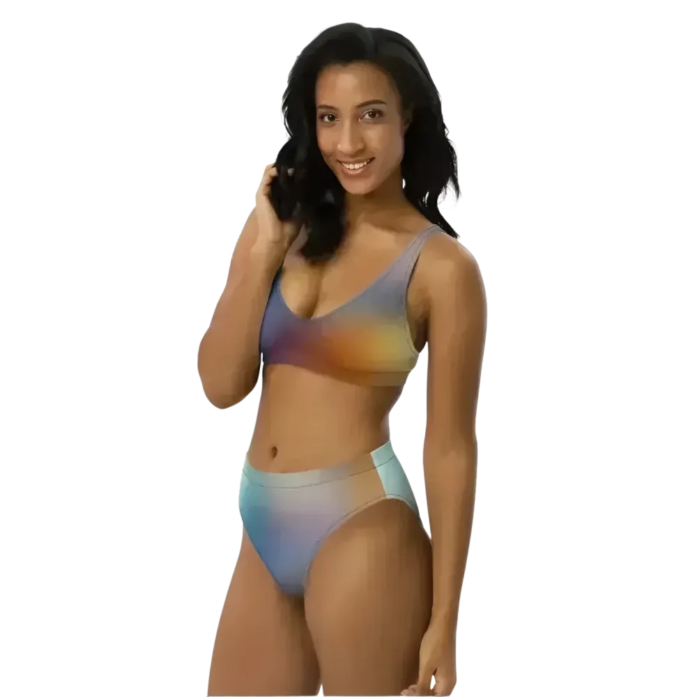 Damen Bikini Zweiteiler von BUYATHOME24, schnell trocknend, in den Größen XS bis 3XL, personalisierbar, liegt flach auf einem Strandtuch.
