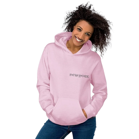 Heller pinker Damen-Unisex Hoodie mit New York Grafik, Baumwolle, Rückenprint, in Größe S bis 5XL, von BUYATHOME24.