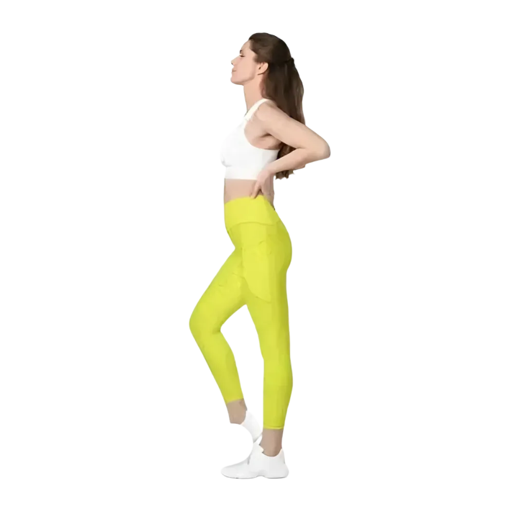 Damen Leggings von BUYATHOME24, hohe Taille mit Taschen, in 2XS-6XL, sportlich und bequem, modelliert auf einer Person.