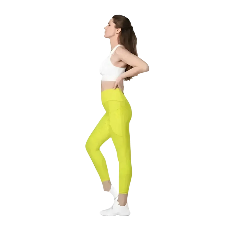 Damen Leggings von BUYATHOME24, hohe Taille mit Taschen, in 2XS-6XL, sportlich und bequem, modelliert auf einer Person.