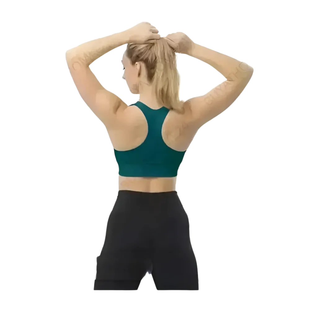 Damen Racerback Crop Top mit Polstern, Sportbekleidung von BUYATHOME24, in XS bis 3XL, sportlich und bequem, auf einem Model getragen