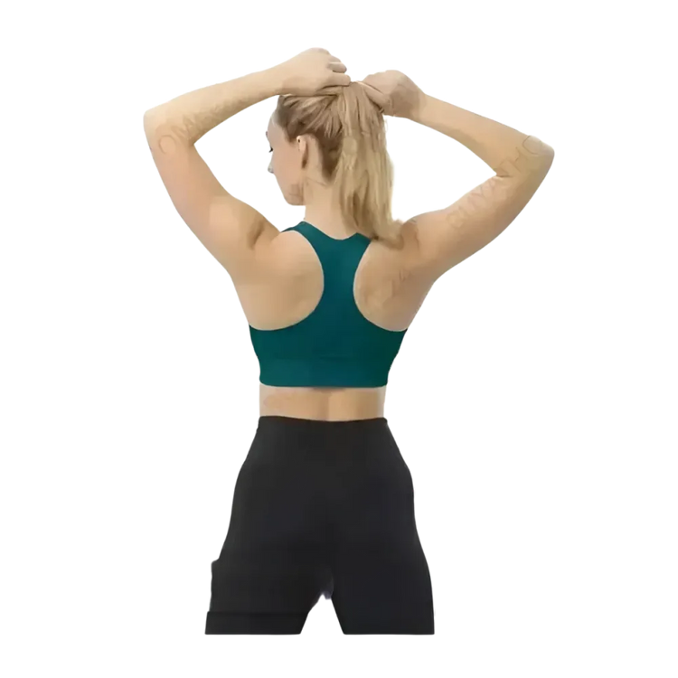 Damen Racerback Crop Top mit Polstern, Sportbekleidung von BUYATHOME24, in XS bis 3XL, sportlich und bequem, auf einem Model getragen