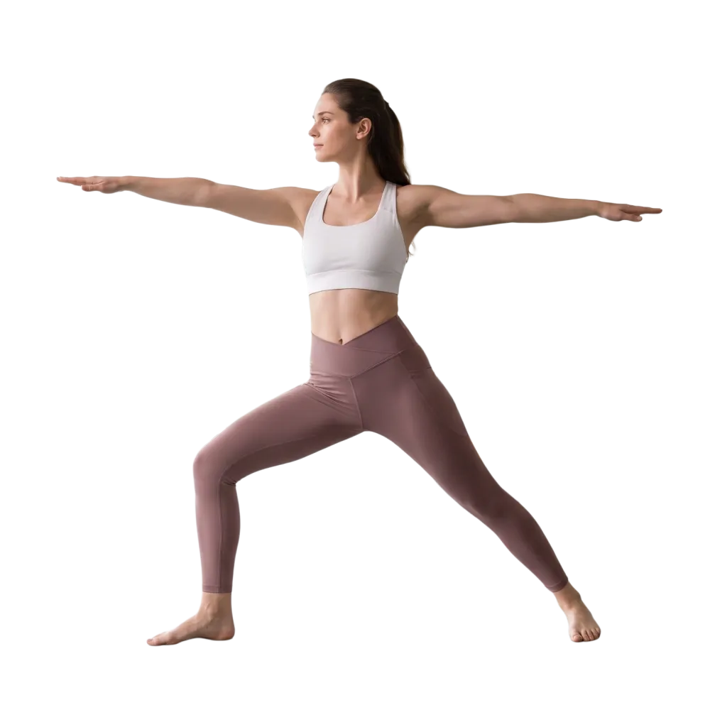 Damen Sport Leggings mit V-Bund und UV-Schutz von BUYATHOME24, in 2XS bis 6XL, bequem und stretchy, auf einem weißen Hintergrund.