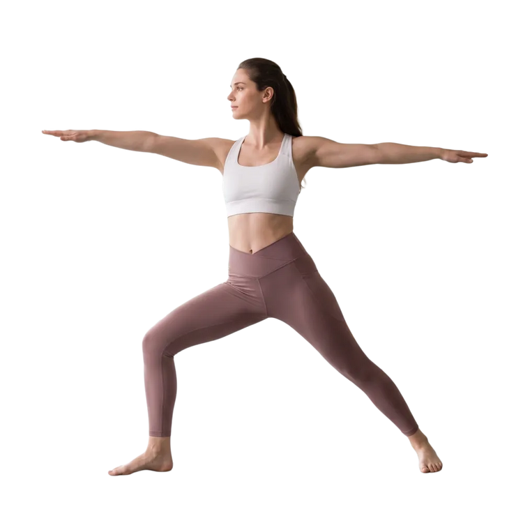 Damen Sport Leggings mit V-Bund und UV-Schutz von BUYATHOME24, in 2XS bis 6XL, bequem und stretchy, auf einem weißen Hintergrund.