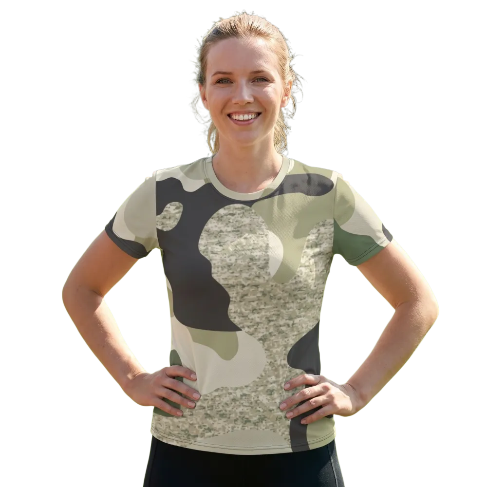 Damen Sportshirt von BUYATHOME24, handgenäht mit Vier-Wege-Stretch, in XS bis 2XL, sportlich und bequem auf dem Bild.