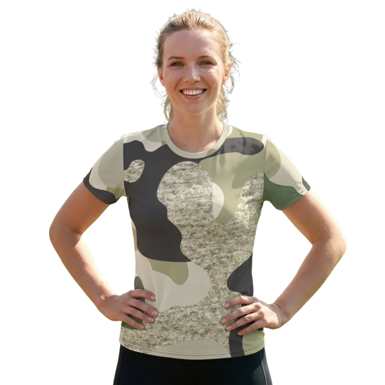 Damen Sportshirt von BUYATHOME24, handgenäht mit Vier-Wege-Stretch, in XS bis 2XL, sportlich und bequem auf dem Bild.