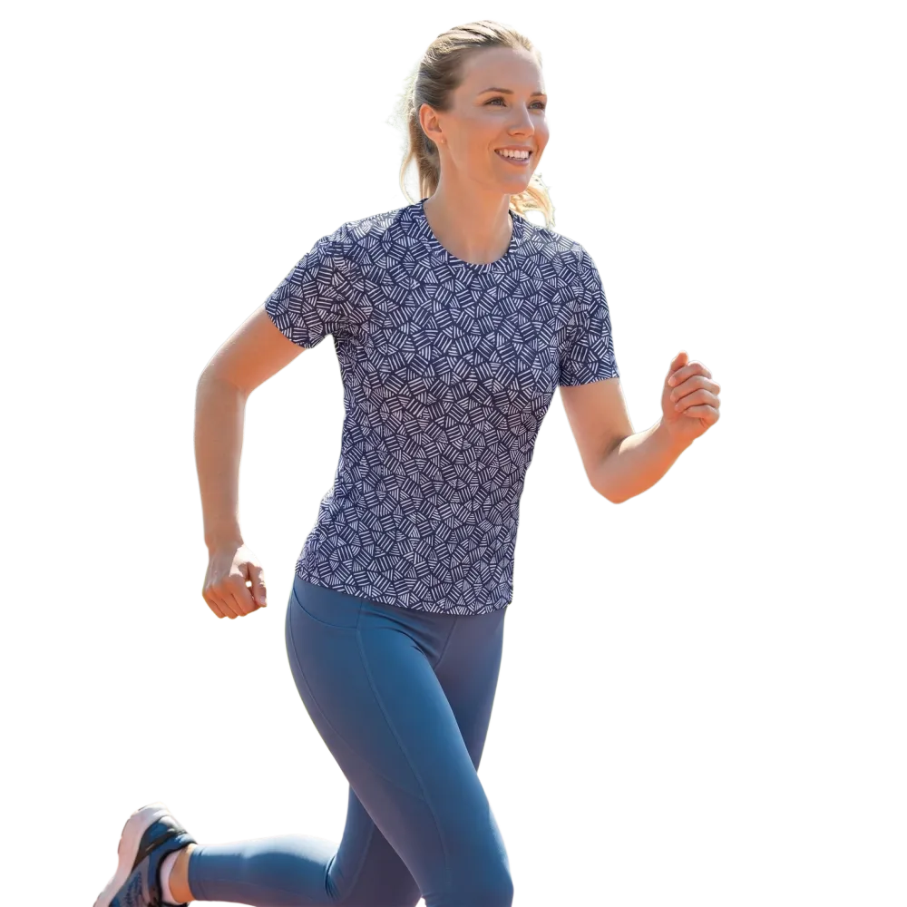 Damen Sportshirt aus Jersey mit Vier-Wege-Stretch in Blau, bequemes Fitness-Shirt für Damen, Größen XS bis 2XL.