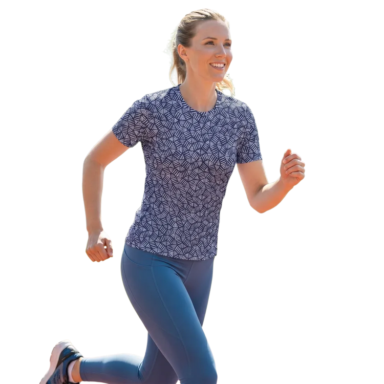 Damen Sportshirt aus Jersey mit Vier-Wege-Stretch in Blau, bequemes Fitness-Shirt für Damen, Größen XS bis 2XL.