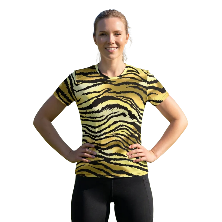 Damen Sportshirt mit Tiger-Muster und Stretch-Stoff in XS bis 2XL, bequemes Fitness-Shirt von BUYATHOME24