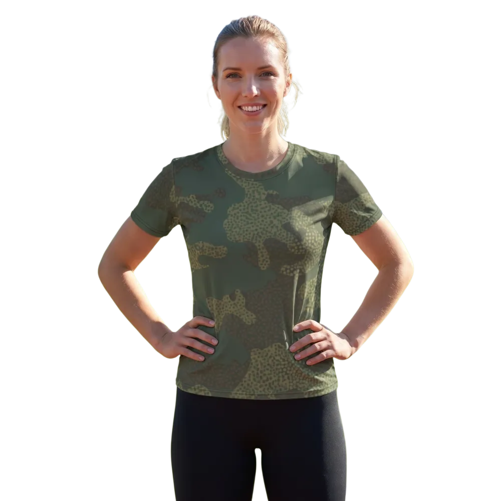 Damen Sportshirt mit Allover-Print aus Vier-Wege-Stretch Jersey, in XS bis 2XL, bequemes Sportshirt von BUYATHOME24.