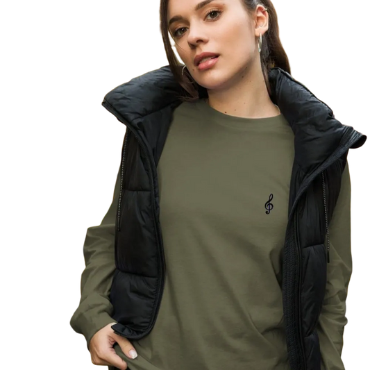 Damen Sweatshirt mit Musiknoten Grafik in Militärgrün, Baumwolle, bedruckbar, von BUYATHOME24, in XS bis 2XL.