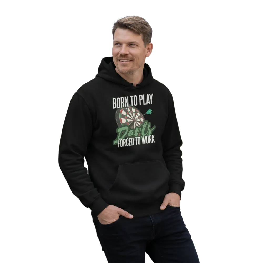 Grafik Unisex Hoodie für Herren und Damen, bequemer Kapuzenpullover in verschiedenen Größen, mit modernem Darts-Design, in Schwarz.