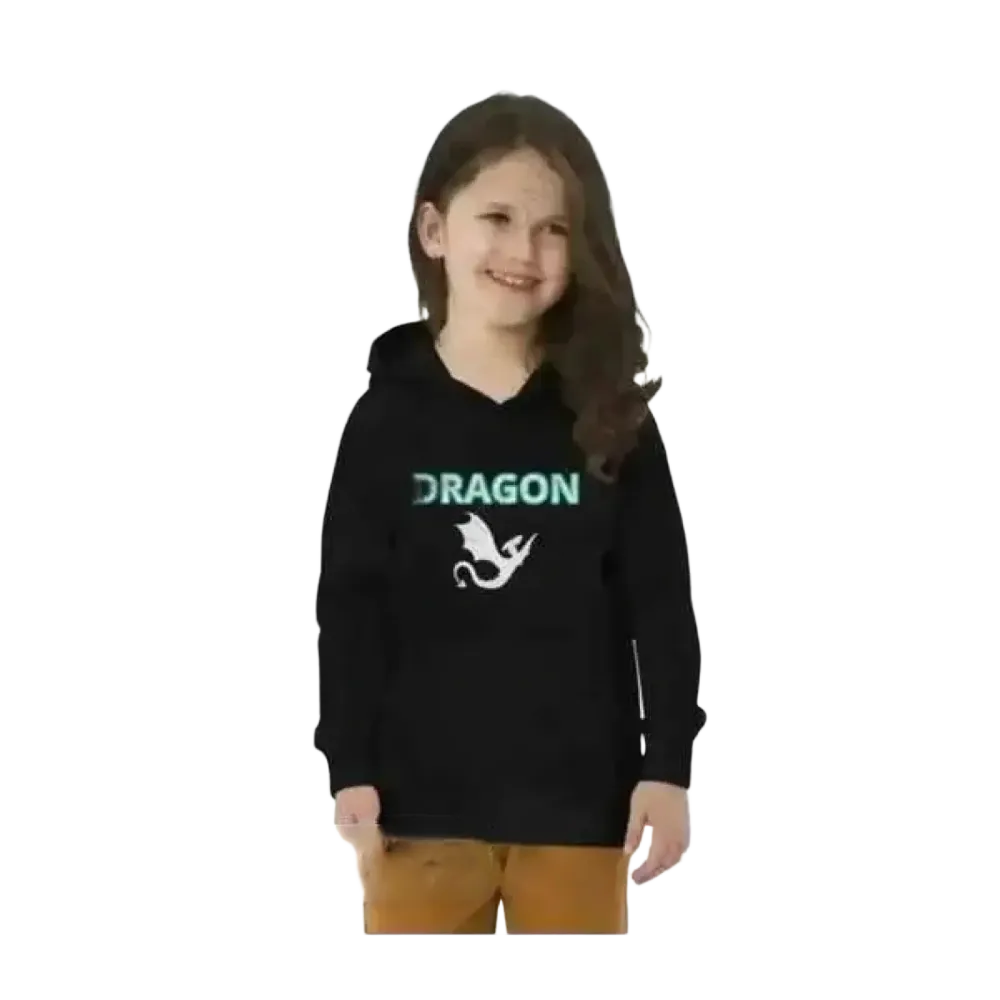 Schwarzer unisex Kinder-Hoodie mit Drachendesign aus Baumwolle für Mädchen, geeignet für 4-12 Jahre, bedruckbar.