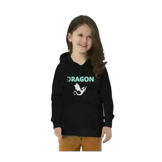 Schwarzer unisex Kinder-Hoodie mit Drachendesign aus Baumwolle für Mädchen, geeignet für 4-12 Jahre, bedruckbar.
