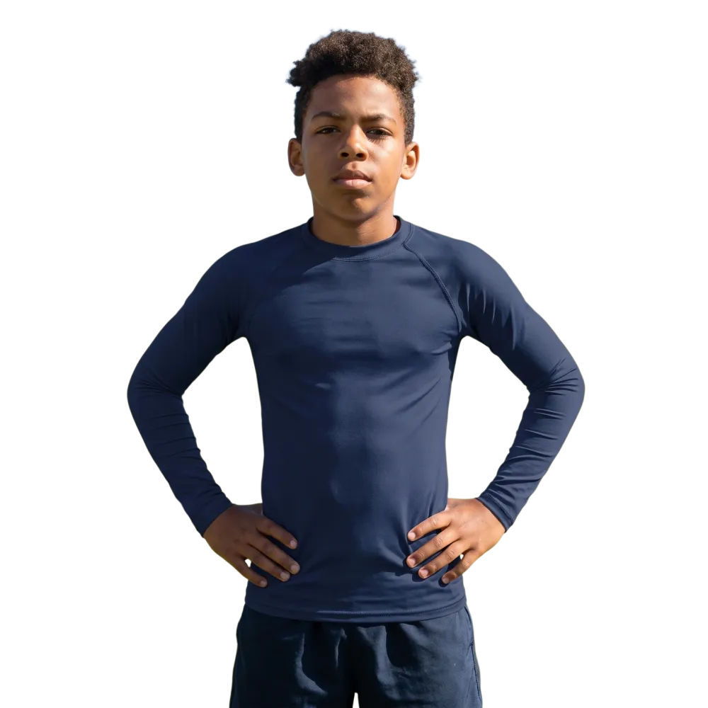 Dunkelblaues Kinder-Sportshirt von BUYATHOME24, langärmliges Jungen- und Mädchen-Shirt in den Größen 134-170 cm, auf Bild zu sehen.