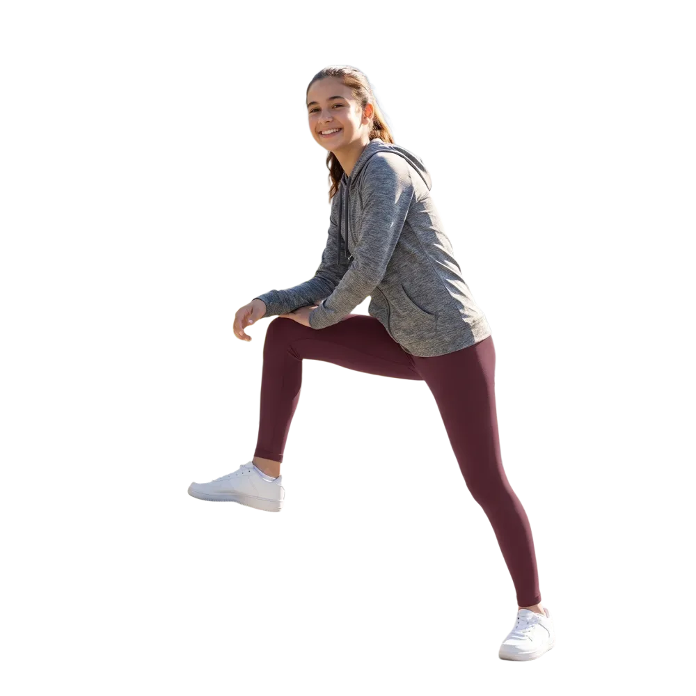 Dunkelrote Kinder Sport-Leggings mit UV-Schutz, bedruckbar, für Größen 134-170 cm, von BUYATHOME24, detailreiche Stoffstruktur