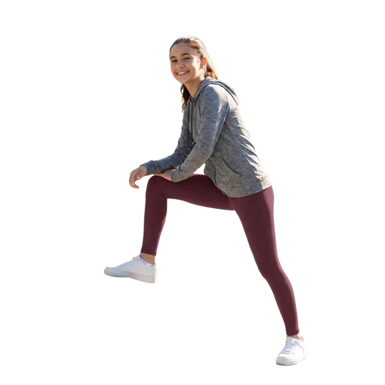 Dunkelrote Kinder Sport-Leggings mit UV-Schutz, bedruckbar, für Größen 134-170 cm, von BUYATHOME24, detailreiche Stoffstruktur