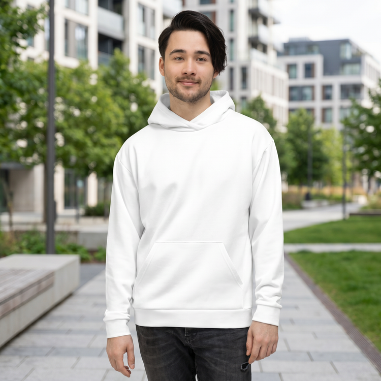 Weißer Unisex Hoodie mit Allover-Print, Kapuzenpullover in XS-3XL, bequemes Hoodie von BUYATHOME24