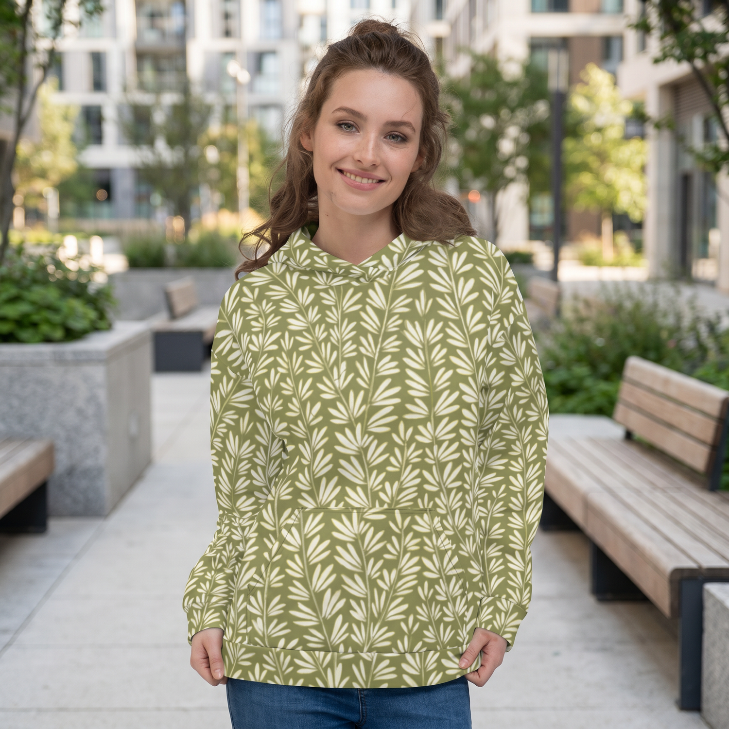 Damen Hoodie mit Blattmuster und Rückenprint, BUYATHOME24, in XS bis 3XL, bequemer Kapuzenpullover aus weichem Material.
