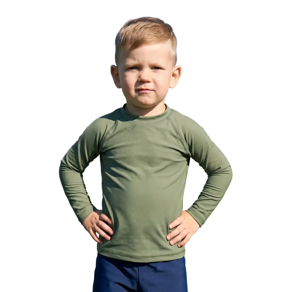 Kinder Langarm Sportshirt aus Elasthan und Polyester mit UV-Schutz, geeignet für Kinder von 92 bis 128 cm, in verschiedenen Farben.