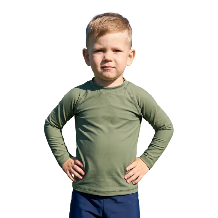 Kinder Langarm Sportshirt aus Elasthan und Polyester mit UV-Schutz, geeignet für Kinder von 92 bis 128 cm, in verschiedenen Farben.