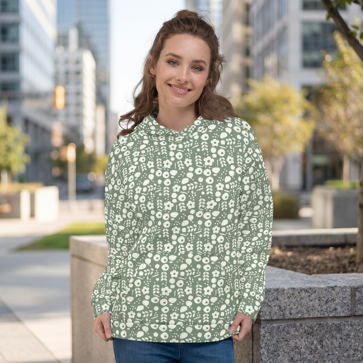 Damen Hoodie mit Rückenprint aus Baumwoll-Mix in XS bis 3XL, bequemer Kapuzenpullover von BUYATHOME24, seitlicher Blick
