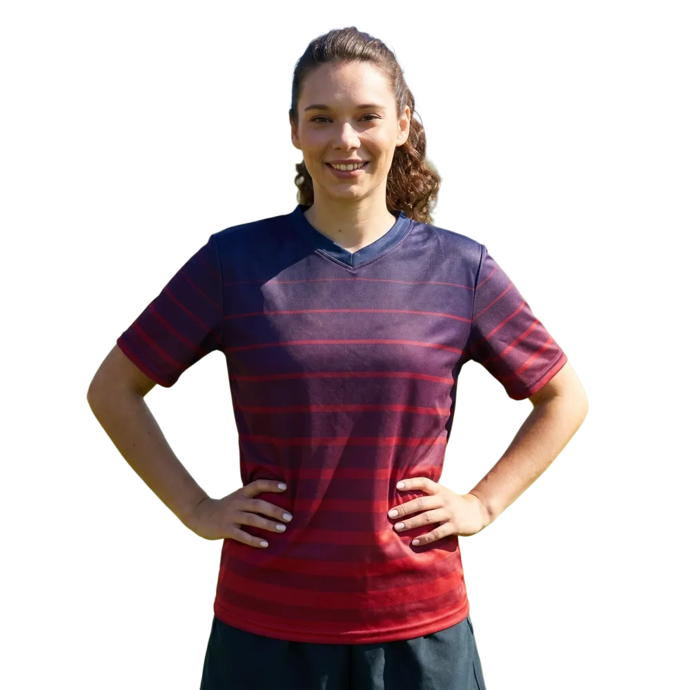 Unisex Fußball T-Shirt mit V-Ausschnitt, schnelltrocknend, bedruckt, in 2XS-6XL, von BUYATHOME24, auf weißem Hintergrund.