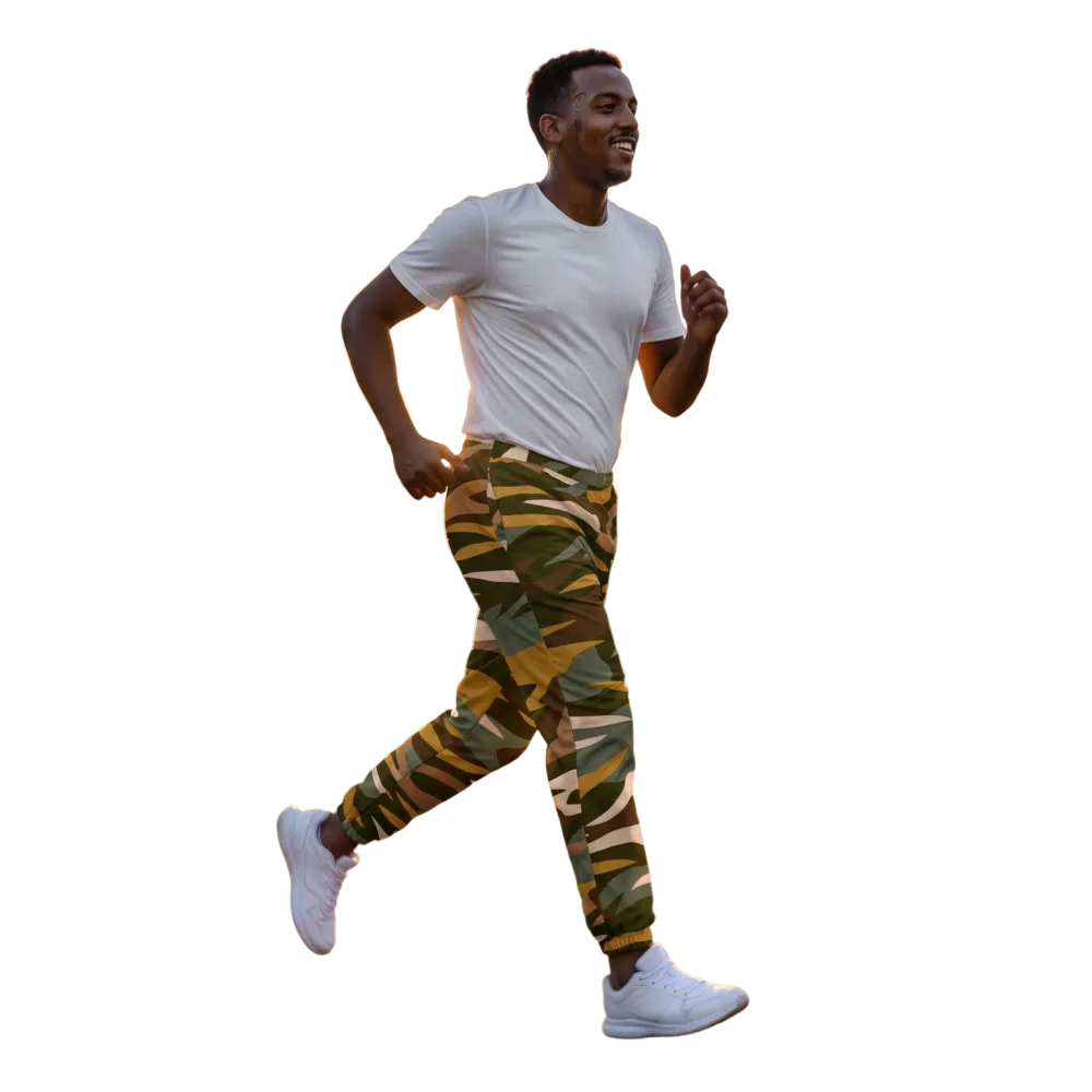 Gelb-braune Camouflage Unisex Sporthose aus Polyester mit Reißverschlusstaschen, Trainingshose in XS bis 3XL, sportlich und bequem