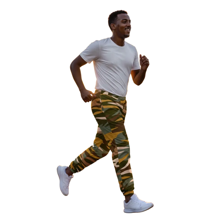 Gelb-braune Camouflage Unisex Sporthose aus Polyester mit Reißverschlusstaschen, Trainingshose in XS bis 3XL, sportlich und bequem