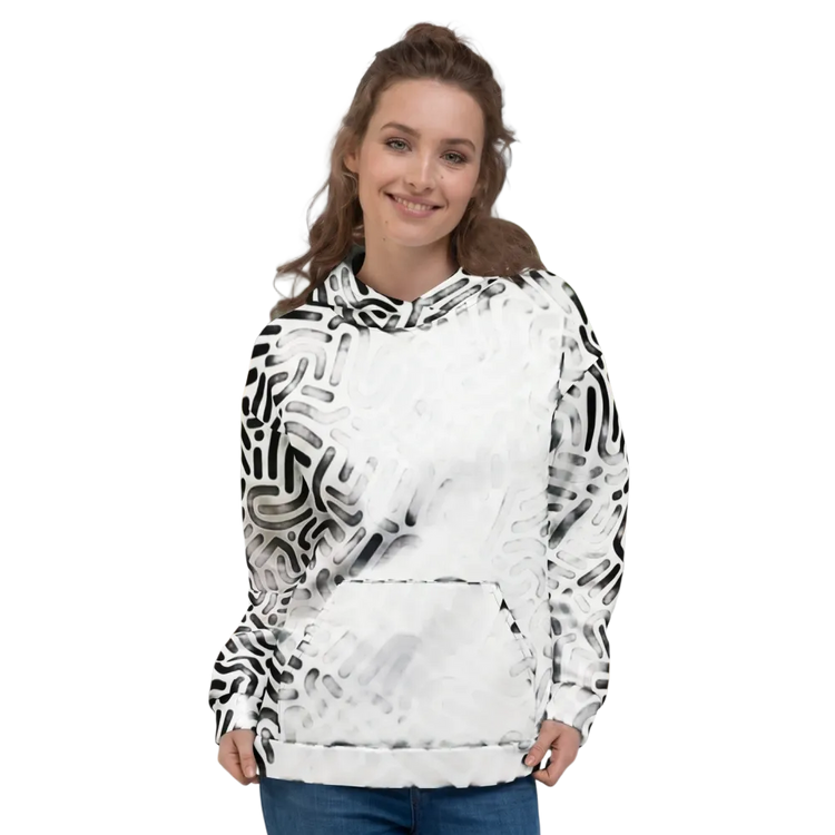 Geometrischer Damen Hoodie mit Allover-Print, unisex Kapuzenpullover in XS-3XL, bequemer Hoodie mit modernen Mustern.