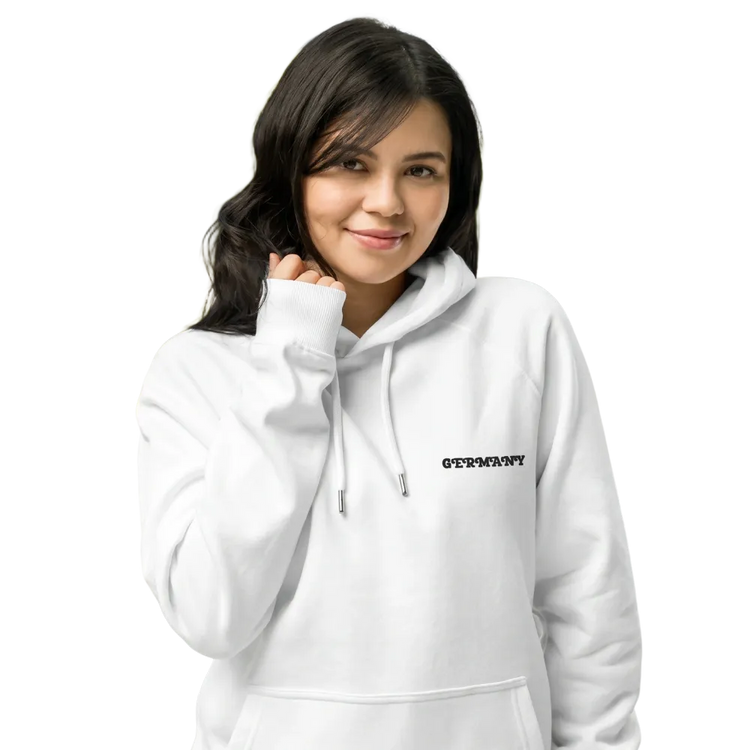 Grafik Damen Hoodie von BUYATHOME24 aus Baumwolle, personalisierbar, in XS-3XL, zeigt ein farbiges Design auf grauem Kapuzenpullover