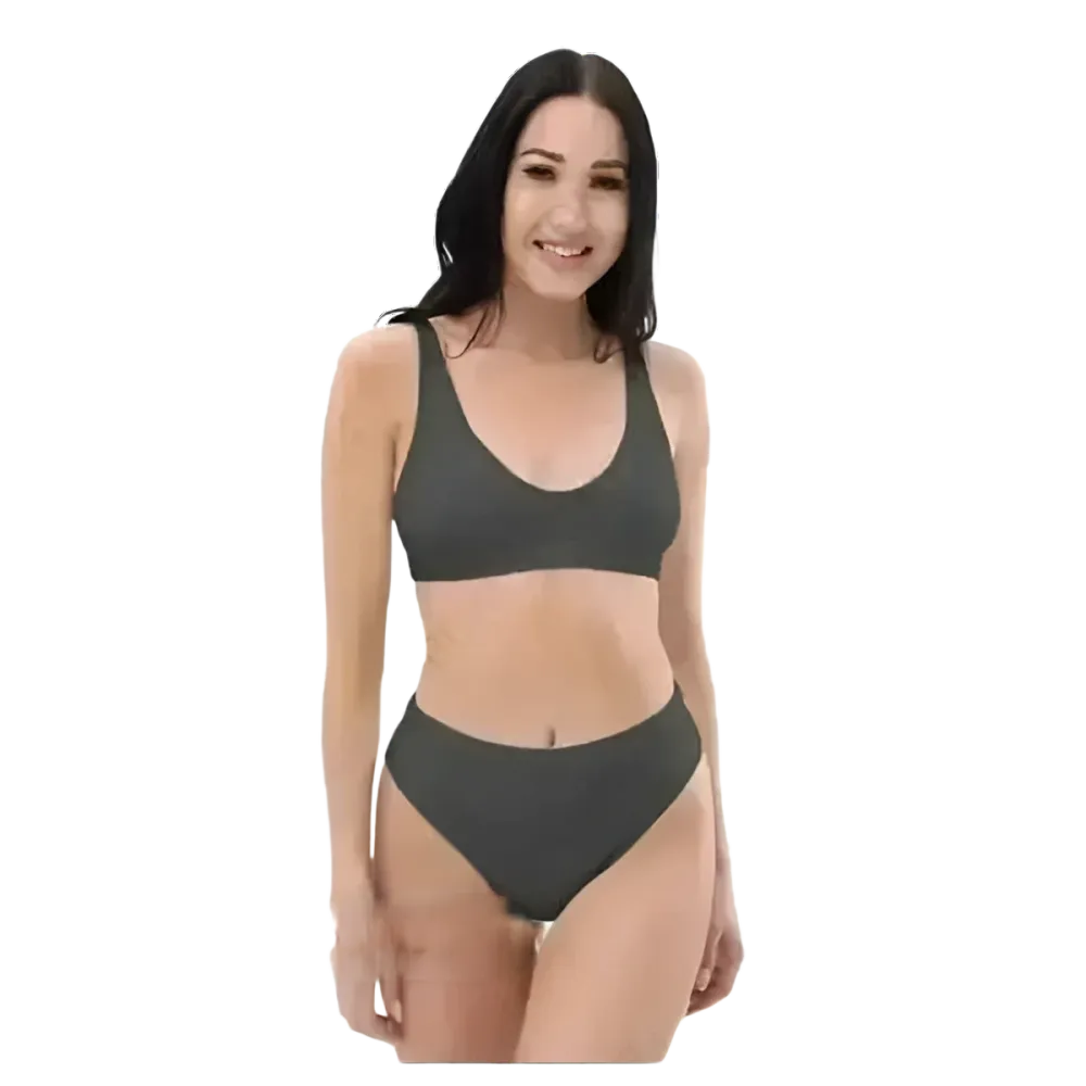 Grauer Damen Bikini Zweiteiler von BUYATHOME24, schnelltrocknend, in den Größen XS bis 3XL, zeigt das Badebekleidungs-Design.