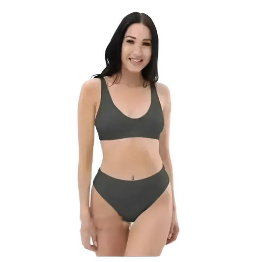 Grauer Damen Bikini Zweiteiler von BUYATHOME24, schnelltrocknend, in den Größen XS bis 3XL, zeigt das Badebekleidungs-Design.