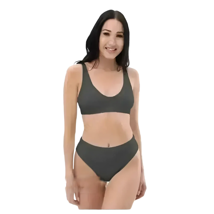 Grauer Damen Bikini Zweiteiler von BUYATHOME24, schnelltrocknend, in den Größen XS bis 3XL, zeigt das Badebekleidungs-Design.